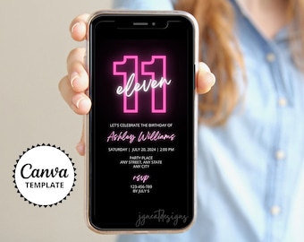 Neon Pink 11th Birthday Invitation: Editable Text Party Invite (Canva Template)