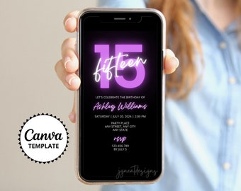 Neon Purple Birthday Phone Invitation: Teen Party Evite (Canva Template)
