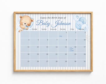 Baby Due Date Calendar | Baby Bear and Blue Stripes | Guess the Baby's Arrival Printable | Canva Editable Template 24x18" | BSBW