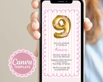 Pink Gold 9th Birthday Invitation, Girls Party Evite, Editable Canva Template