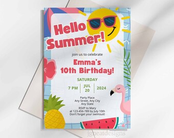 Summer Pool Party Kids Birthday Party Invitation, Girls Sunny Theme Birthday Printable Editable Canva Template, Colorful Birthday Invite
