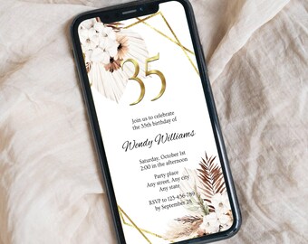 Boho 35th Birthday Invitation: Gold Floral Party, Editable Canva Template (Digital Download)