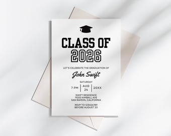 Class of 2026 Graduation Party Einladung, einfache Schwarz-Weiß-Abschluss einladen, bearbeitbare Canva-Vorlage, drucken oder senden grad einladen