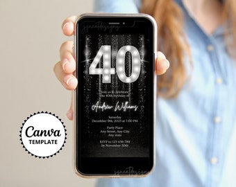 40th Birthday Silver Digital Invitation, Black Silver Phone Invite, Editable Canva Template, Adult Birthday Evite