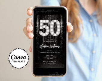 50th Birthday Silver Digital Invitation, Black Silver White Phone Invite, Editable Canva Template, Adult Birthday Evite