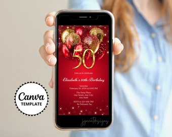 Red and Gold 50th Birthday Invitation: Editable Text (Canva Template)
