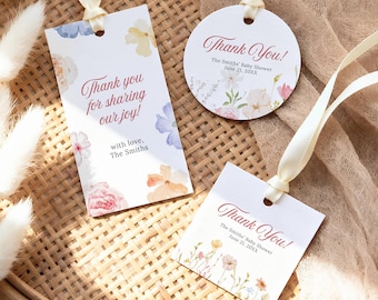 Babyshowerlabels pastel wilde bloemen | Bewerkbare canvassjablonen | 2″–3″ rechthoek, vierkant en rond | BSWFA: