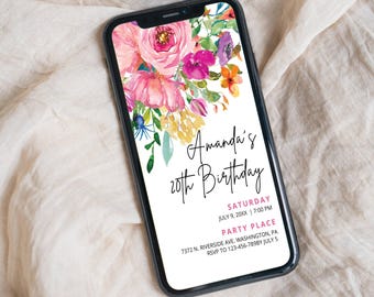 Sjabloon voor 20e verjaardag bloemen uitnodiging, elegante lenteuitnodiging, moderne en eenvoudige Evite, bewerkbare canvassjabloon