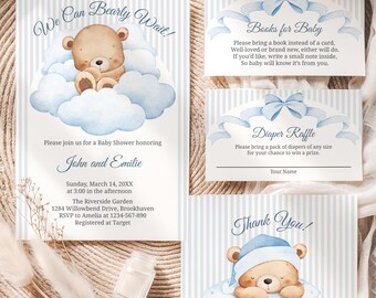 Uitnodiging babyshower | We Can Bearly Wait | Uitnodiging babyjongen | Uitnodiging van 5 × 7, luierloterij, bedankkaart | Canvassjablonen | bsbw
