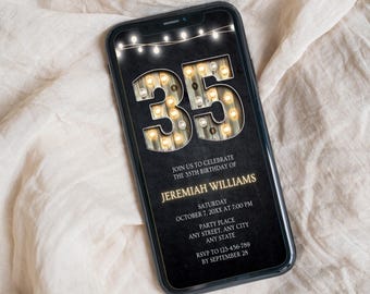 Invitación de cumpleaños número 35 para hombre, diseño clásico de marquesina de madera, plantilla editable de Canva, trigésimo quinto cumpleaños