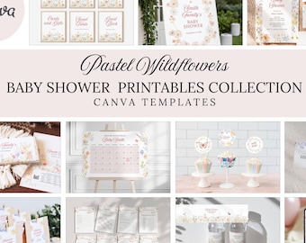 Babyshowerbundel met pastel wilde bloemen | Afdrukbare canvassjablonen voor bloemenfeest | Bewerkbare uitnodiging, games, borden, tags | BSWFA: