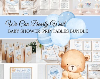 We Can Bearly Wait Baby Shower Bundle | Brown Bear Blue Stripes Canva Templates | Editable Invitation, Games, Signs, Tags | BSBW