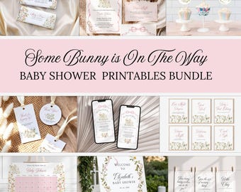 Er is een konijntje onderweg Babyshowerbundel | Printables meisjesbaby | Canvassjablonen | Bewerkbare uitnodiging, games, borden, tags | bssb