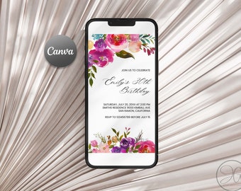 Digital Floral Birthday Invitation, Editable Canva Template, Pink Flowers Birthday Invite