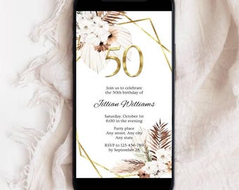 50th Birthday Text Invitation, Canva Template Editable, Digital Birthday Invitation, Boho Pampas Gold Evite, Fiftieth Birthday Invite