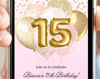 Invitación electrónica para 15.º cumpleaños, invitación de 15.º cumpleaños para niñas, texto rosa dorado, plantilla de Canva con confeti rosa dorado