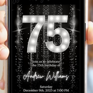 75th Birthday Silver Digital Invitation, Electronic Black Silver White Invite, Editable Canva Template, Adult Birthday Evite