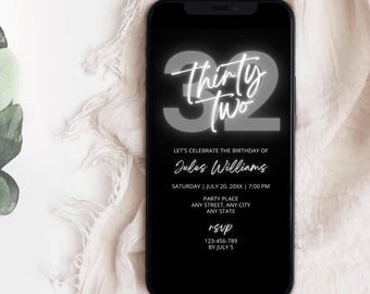 32e verjaardagsuitnodiging, grijs-zwart-witte uitnodiging, eenvoudige uitnodiging voor verjaardagsdiner, bewerkbare canvassjabloon