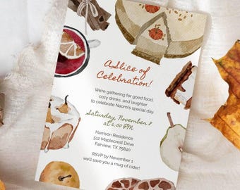 Cozy Fall Birthday Invitation | Slice of Celebration Invitation |Autumn Pie Party Invite Printable | Editable Canva Template