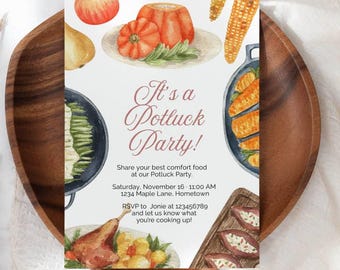 Fall Potluck Party Invitation Printable | Autumn Harvest Invite | Thanksgiving Friendsgiving Canva Template