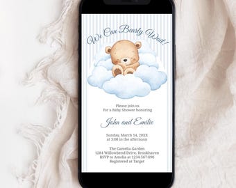 Invitación "Apenas podemos esperar" / Invitación digital para baby shower de niño / Plantilla de Canva / bsbw