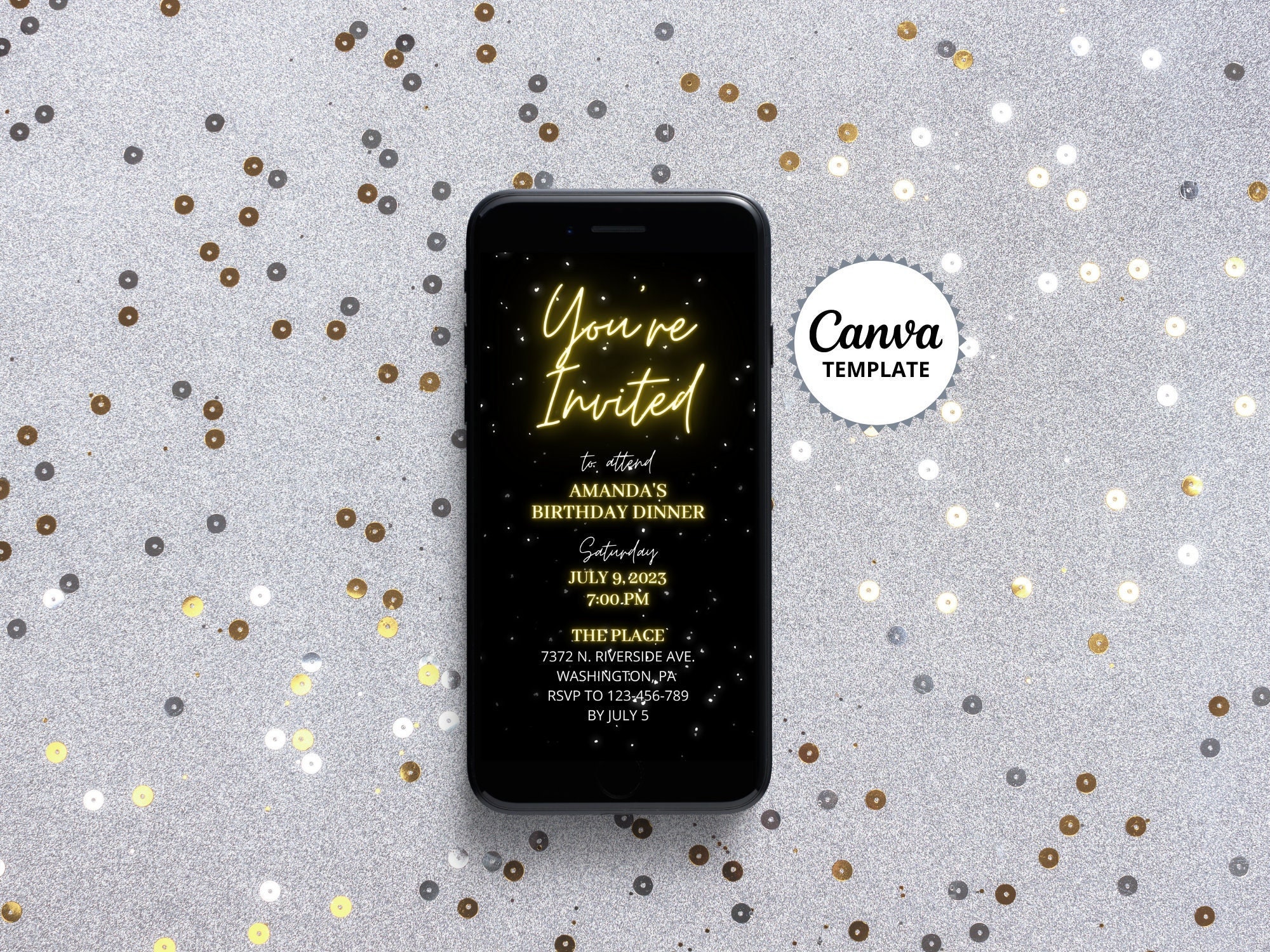 Elegant Birthday Dinner Invitation: Gold & Black Evite (Canva Template)