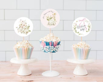 Een paar konijntjes babyshower-cupcaketoppers | Afdrukbare canvassjabloon roze lint en wilde bloemen | Maat: 2" | bssb