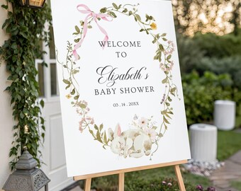 Welkomstbordje met konijntjes voor babyshower | Bewerkbare canvassjabloon, 24 × 36 | 18×24 | 16×20, wilde bloemen en roze strik | Afdrukbare borden | bssb