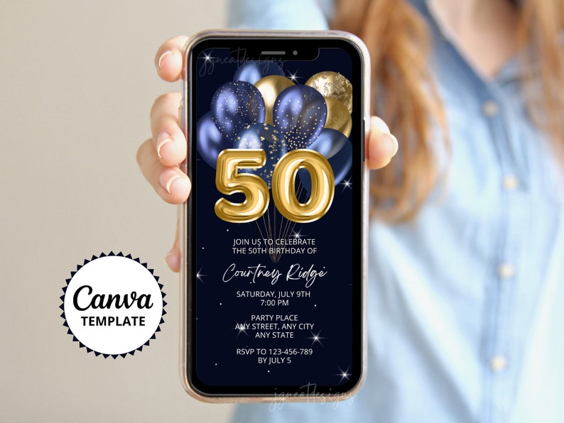 50th Birthday Invitation, Adult Digital Birthday Party Invitation, Fiftieth Birthday Evite, Text Email Invitation, Canva Editable Template image 1