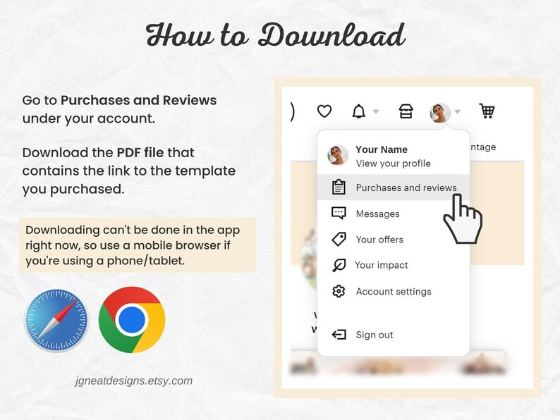 Pu&ograve; includere: Uno screenshot di uno schermo di computer che mostra le istruzioni su come scaricare un prodotto digitale da Etsy. Le istruzioni dicono di andare a Acquisti e Recensioni nel tuo account e scaricare il file PDF che contiene il link al modello che hai acquistato. Le istruzioni dicono anche che il download non pu&ograve; essere effettuato nell'app in questo momento, quindi usa un browser mobile se stai usando un telefono o un tablet. Lo screenshot mostra anche un menu con opzioni per visualizzare il tuo profilo, acquisti e recensioni, messaggi, le tue offerte, il tuo impatto, le impostazioni dell'account e l'uscita.
