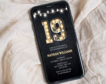 Digitale uitnodiging 19e verjaardag, selectiekaderontwerp voor mannen, tiener Evite bewerkbare canvassjabloon