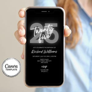 25th Birthday Invite, Gray and Black Editable Digital Invitation, DIY Canva Template image 2