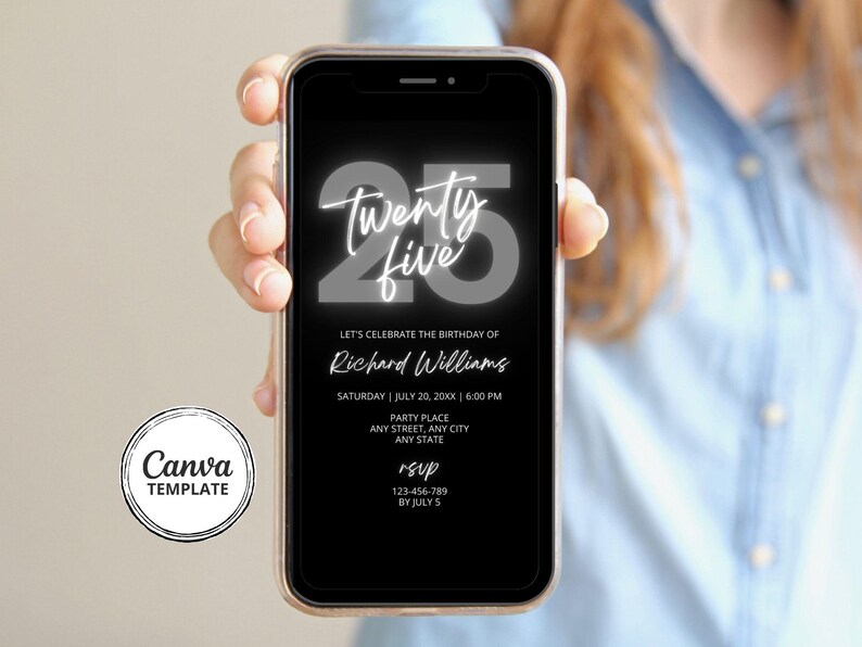 25th Birthday Invite, Gray and Black Editable Digital Invitation, DIY Canva Template image 2