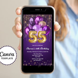 May include: Purple and gold birthday invitation with a digital illustration of balloons and the number 55. The text reads "Join us to celebrate Theresa's 55th Birthday. Saturday, February 10, 2024 at 6:00 PM. The Party Place. Any Street, Any City, Any State. RSVP to 123-456-780 by February 5."