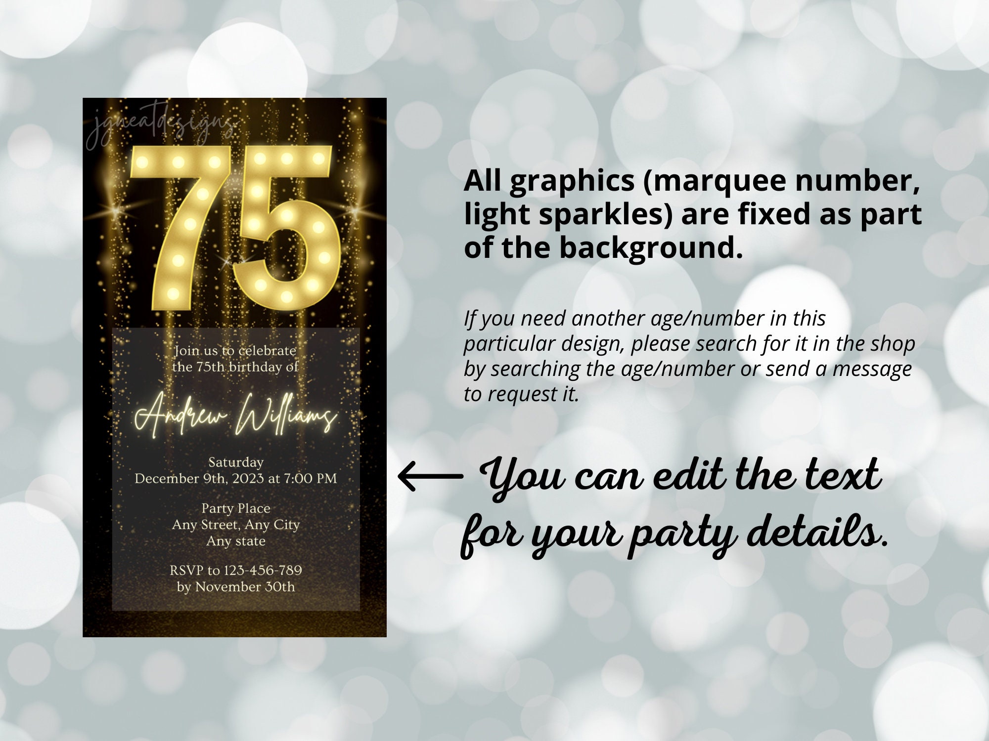 Gold 75th Birthday Text Invitation, Digital Invite, Editable Canva ...