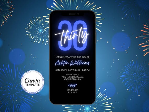 Neon Blue Birthday Digital Invitation, 30th Birthday Phone Invite, Electronic Invitation, Adult Birthday Party