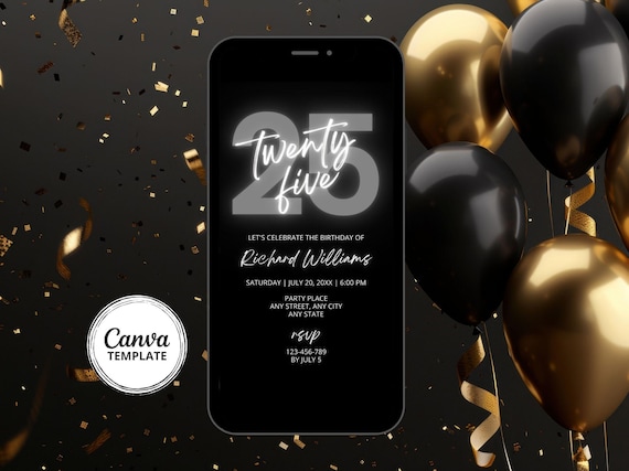 25th Birthday Invite, Gray and Black Editable Digital Invitation, DIY Canva Template