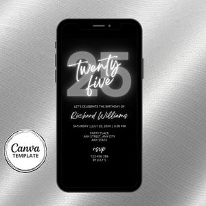 25th Birthday Invite, Gray and Black Editable Digital Invitation, DIY Canva Template image 3
