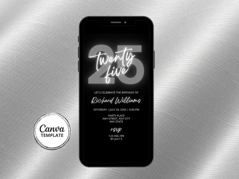 25th Birthday Invite, Gray and Black Editable Digital Invitation, DIY Canva Template image 3