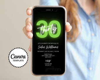 30th Neon Green Birthday Invitation, Digital Adult Birthday Electronic Invite, Any Age Birthday Editable Canva Template