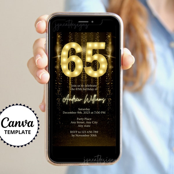 Electronic 65th Birthday Digital Invite, Editable Canva Template, Phone Birthday Invitation, Adult Birthday Evite