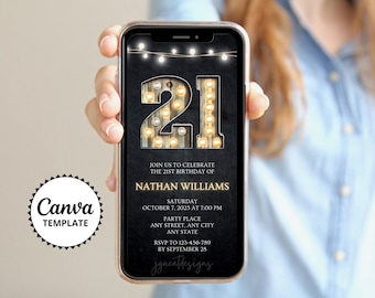 21st Birthday Invitation: Wood Marquee Design, Male Evite (Canva Template)
