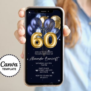 60th Birthday Invitation: Navy, Gold Balloons, Electronic Invite (Canva Template)