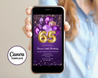 65th Birthday Invitation, Purple Birthday Invite, Canva Template, Sixty-Fifth Birthday Celebration, Glitter Balloon Party, Violet Gold Evite