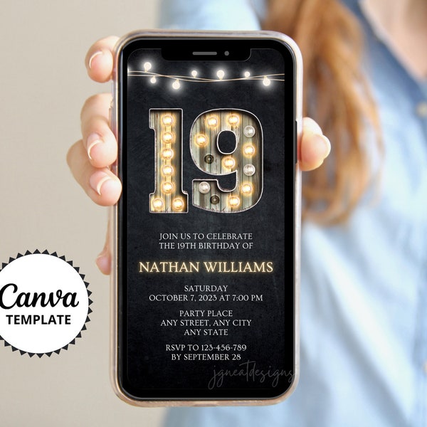 19th Birthday Digital Invitation, Teen Boy Birthday Evite, Canva Template, Nineteenth Birthday Electronic Invite, Marquee Design