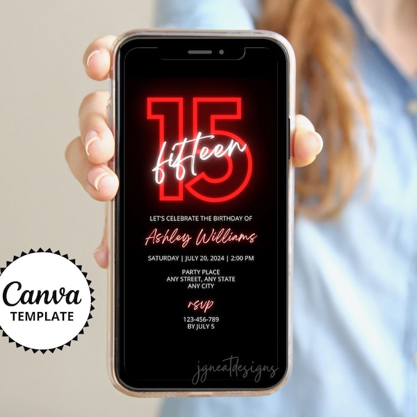 Red 15th Birthday Digital Invite, Teen Birthday Party Girl and Boy Invite, Red Neon and Black Phone Invitation, Editable Canva Template