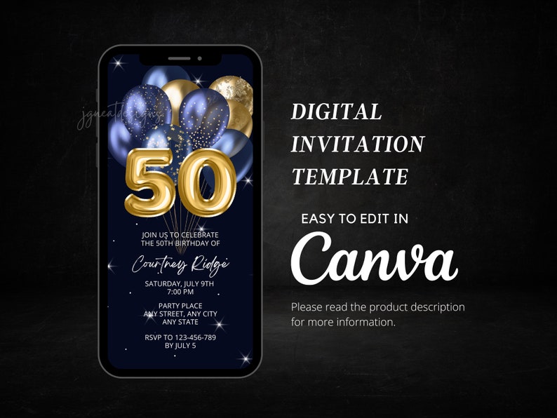 50th Birthday Invitation, Adult Digital Birthday Party Invitation, Fiftieth Birthday Evite, Text Email Invitation, Canva Editable Template image 4