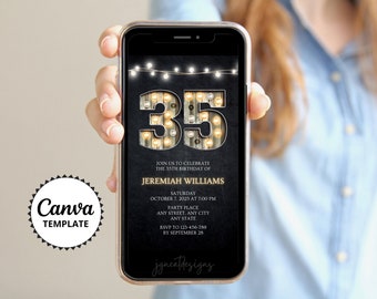 35th Birthday Party Invitation, Birthday Phone Invitation for Men, Canva Template, Thirty-Fifth Birthday Electronic Invite, Wood Marquee