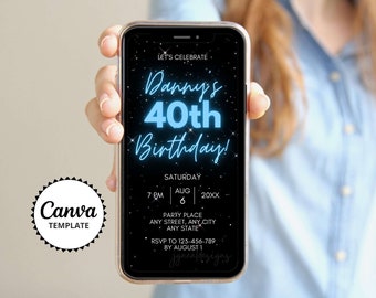 Neon Blue 40th Birthday Invitation: Editable Dinner Party Template (Digital)