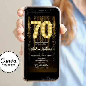 Electronic 70th Birthday Digital Invitation, DIY Editable Canva Template, Phone Birthday Invitation, Adult Birthday Evite